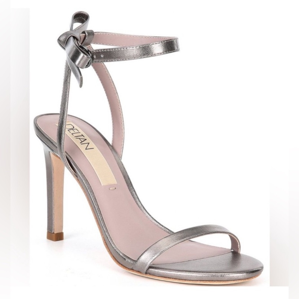 NWT Deltan Miranda Leather Ankle Bow Dress Sandals, Size 9, Pewter Prom Shoes